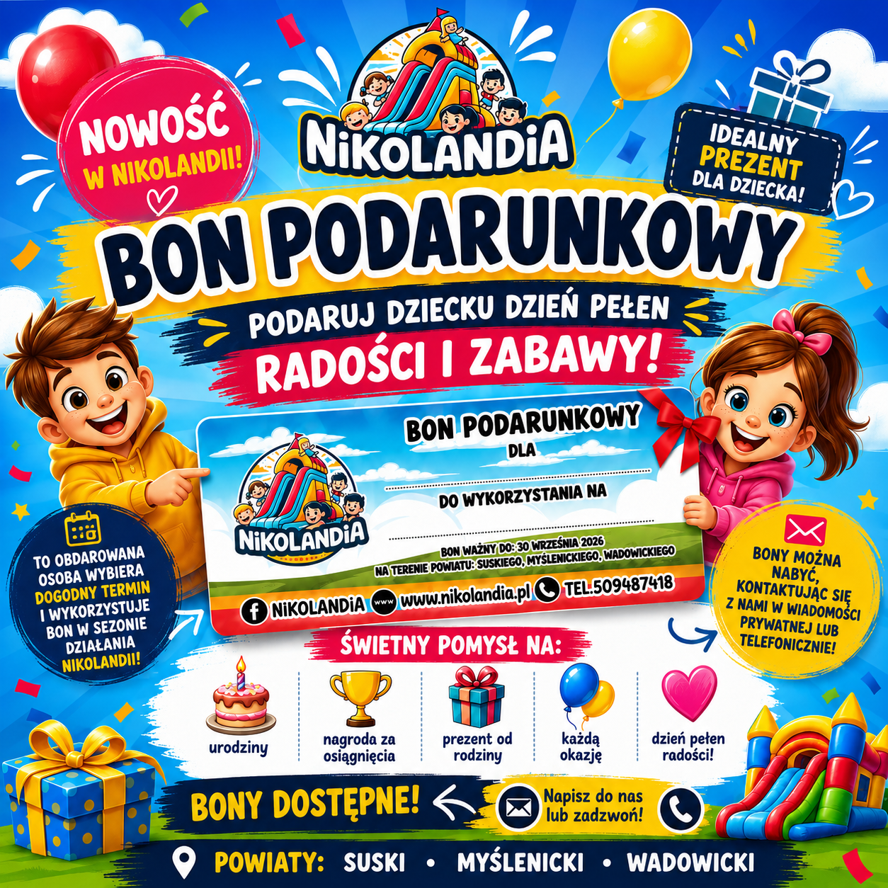 Bon Podarunkowy Nikolandia – prezent dla dziecka na dmuchańca. Nowość! Powiat suski, myślenicki, wadowicki. Sucha Beskidzka, Myślenice, Wadowice