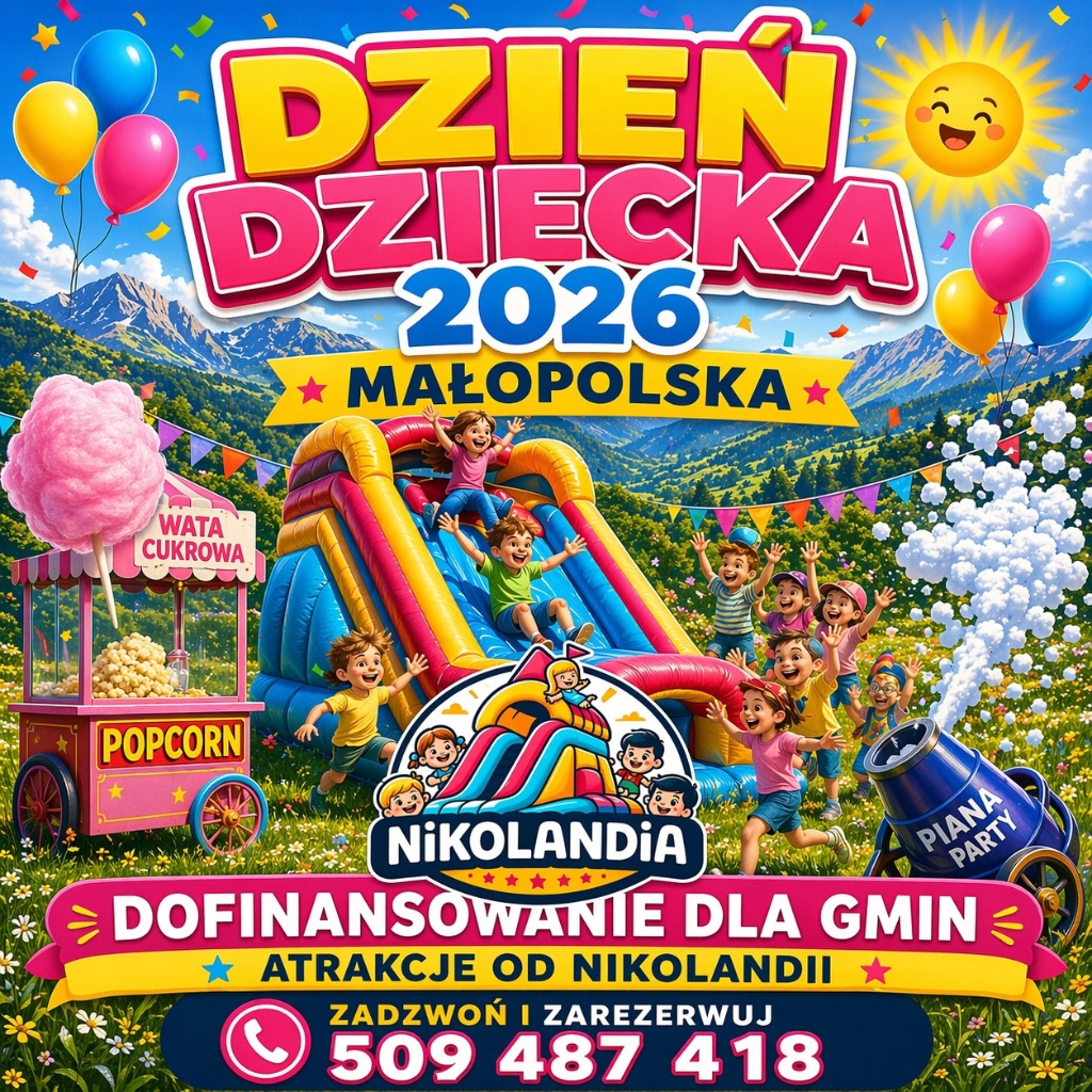Dzień Dziecka 2026 powiat suski dofinansowanie – dmuchańce i atrakcje Nikolandia Zembrzyce Sucha Beskidzka Maków